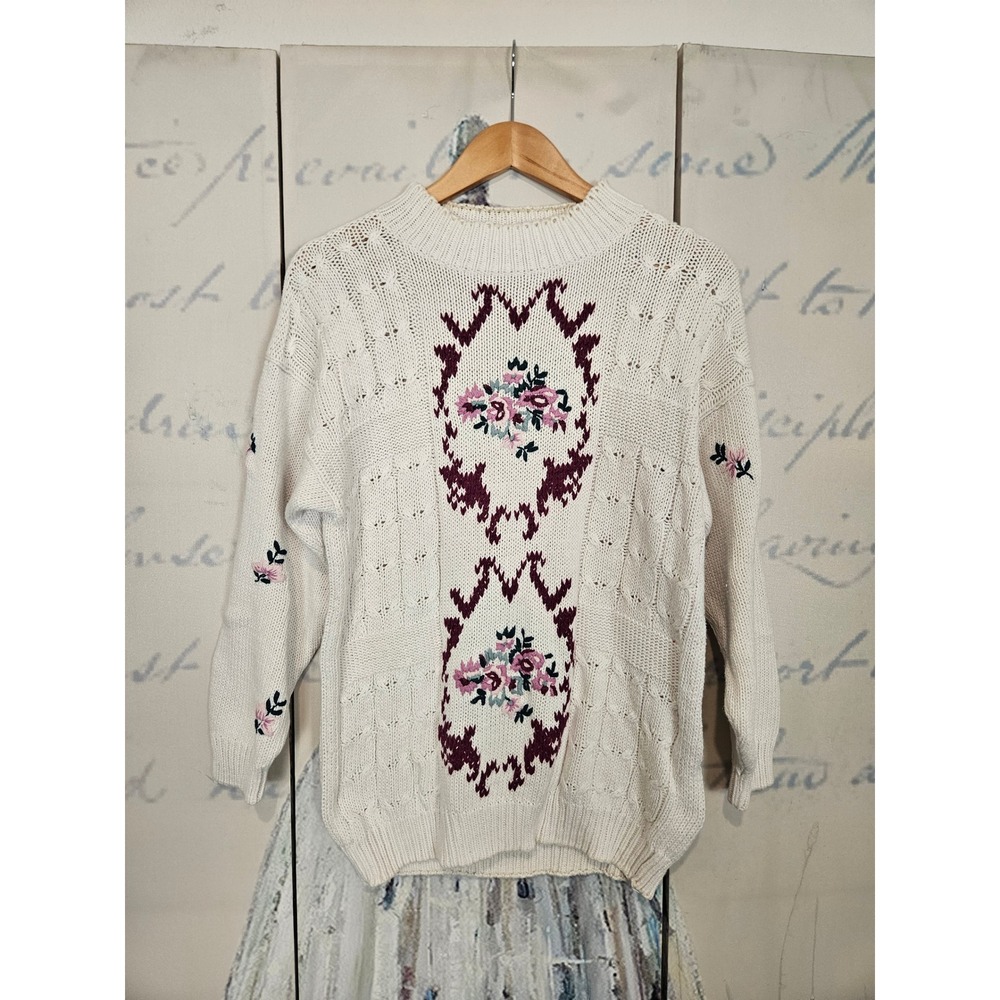 Hunter's‎ Glen Sweater M Cream Floral Embroidered Pointelle Vintage Mock Neck